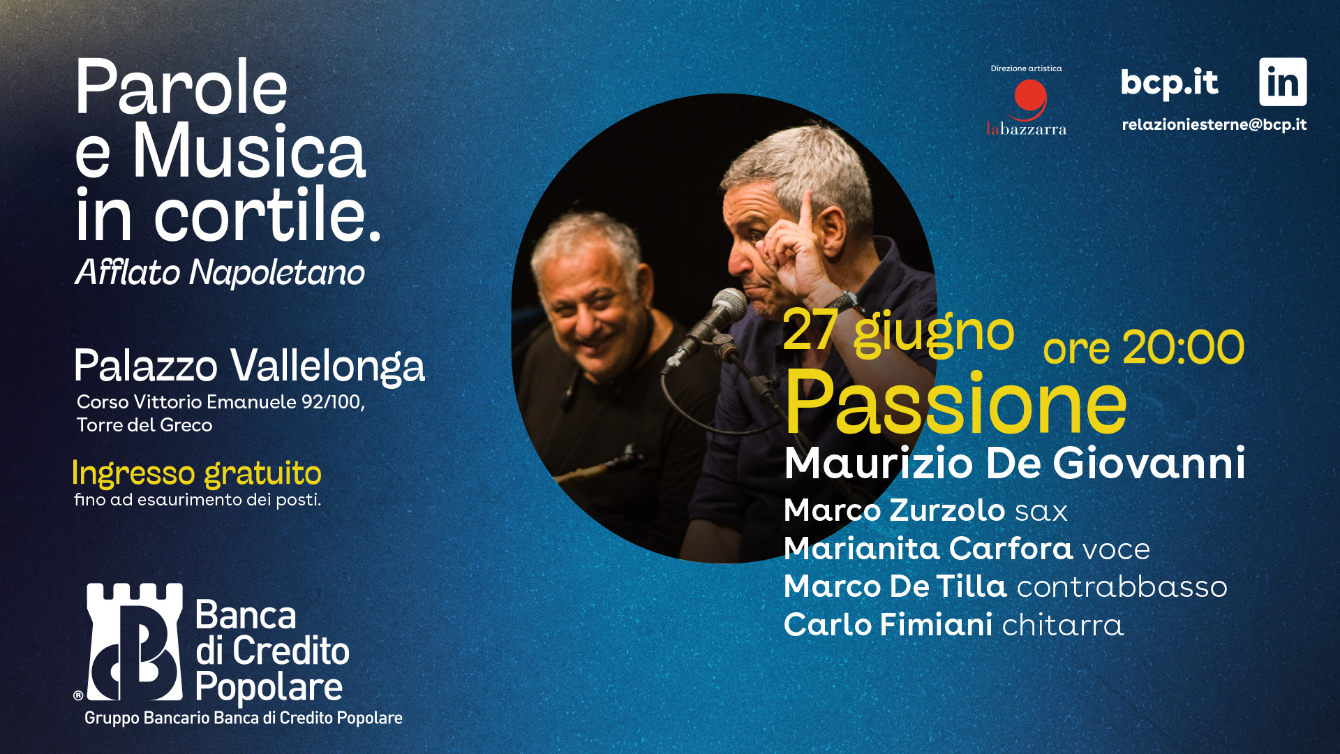“Passione” con Maurizio De Giovanni e Marco Zurzolo apre la rassegna artistica a Palazzo Vallelonga