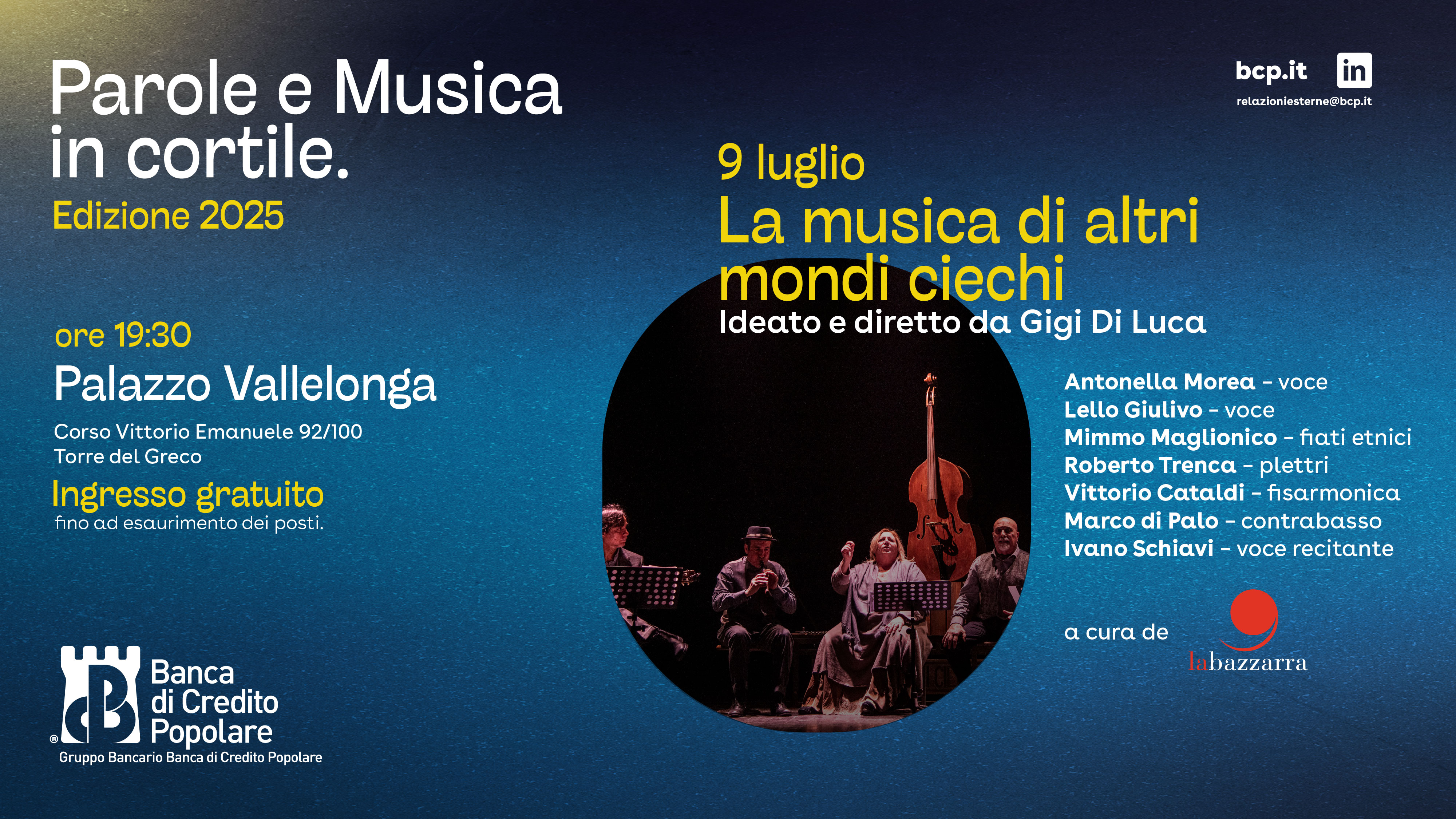 Secondo appuntamento della rassegna Parole e Musica in cortile a Palazzo Vallelonga